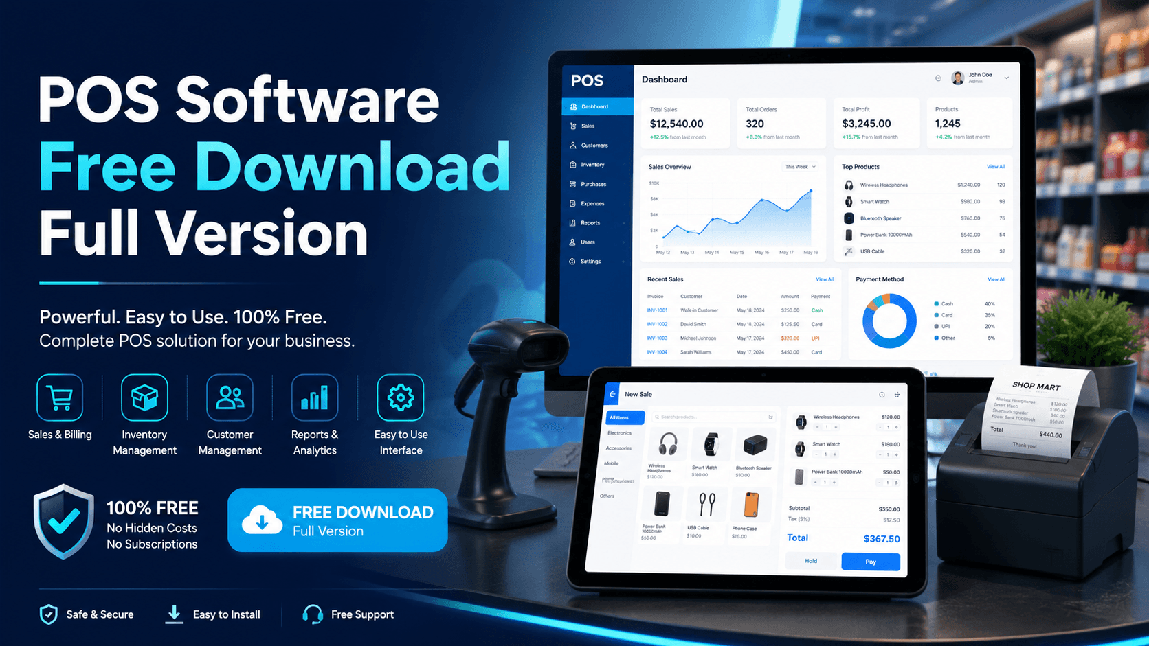 POS system cost breakdown for 2026 showing software fee, hardware, and card processing, next to a free offline Timeline POS billing screen on Windows
