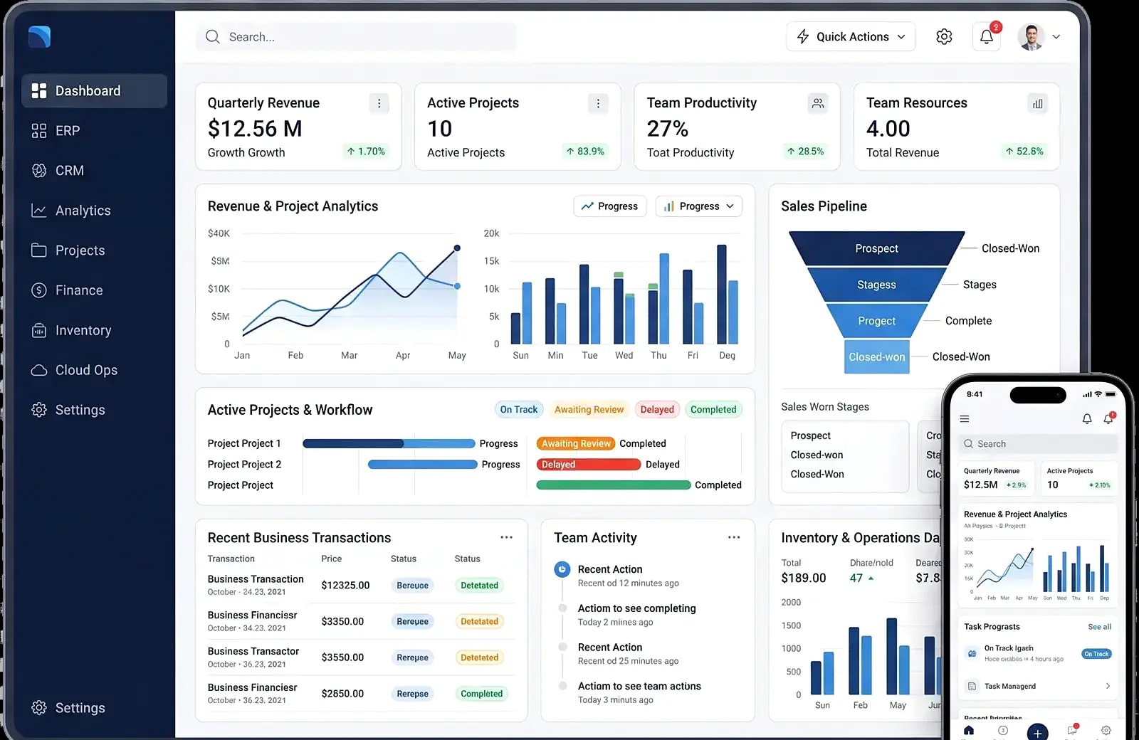 Enterprise platform engineered by Timeline Digital: ERP dashboard with revenue and project analytics, CRM sales pipeline, inventory and finance panels, and the companion mobile app