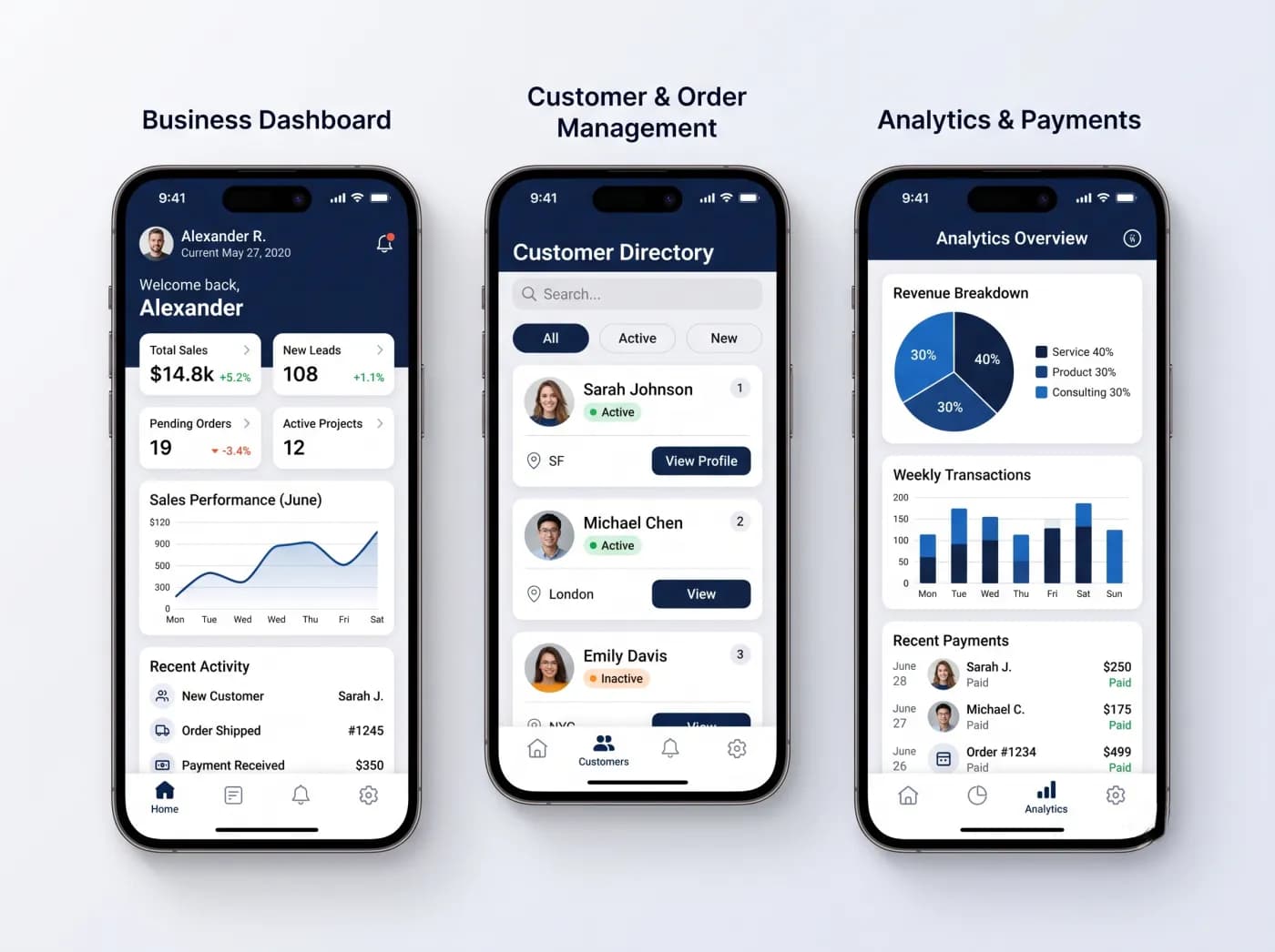 Three mobile app screens built by Timeline Digital: business dashboard, customer and order management, analytics and payments