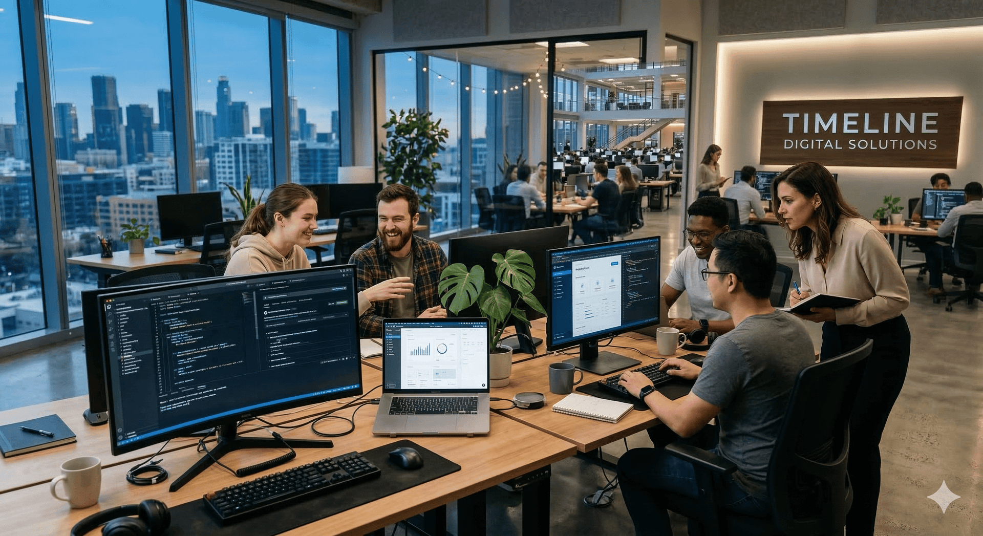 Custom software team collaborating in modern office