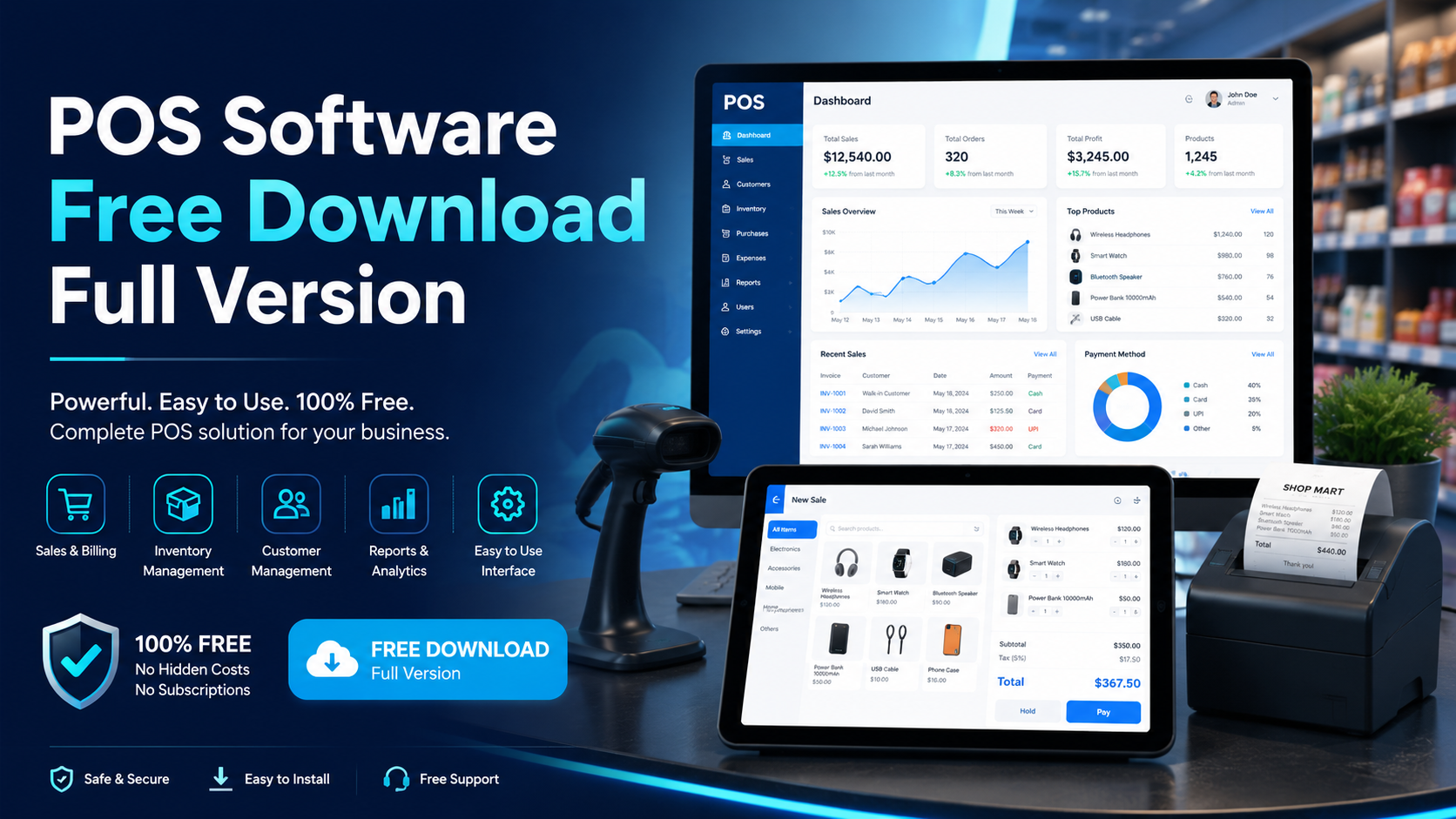 POS system cost breakdown for 2026 showing software fee, hardware, and card processing, next to a free offline Timeline POS billing screen on Windows